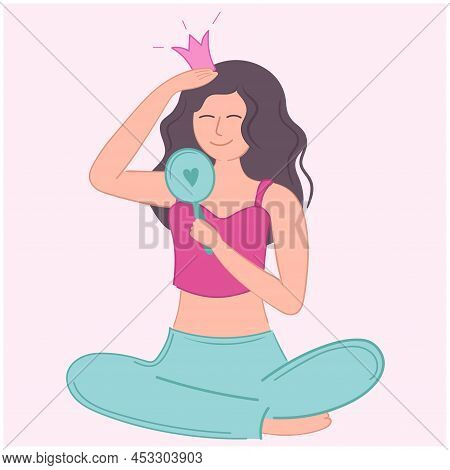 Vector Illustration Girl Self Love Admiring Yourself In The Mirror With Crown.
