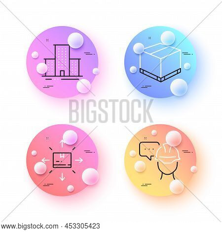 Delivery Box, Cardboard Box And University Campus Minimal Line Icons. 3d Spheres Or Balls Buttons. F
