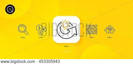 Quick Tips, Share Idea And Binary Code Minimal Line Icons. Yellow Abstract Background. Money Currenc