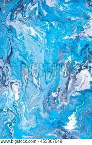 Free Flowing Blue And White Acrylic Paint. Random Waves And Curls. Abstract Marble Background/textur