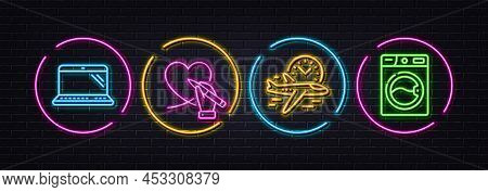 Social Care, Flight Time And Laptop Minimal Line Icons. Neon Laser 3d Lights. Washing Machine Icons.