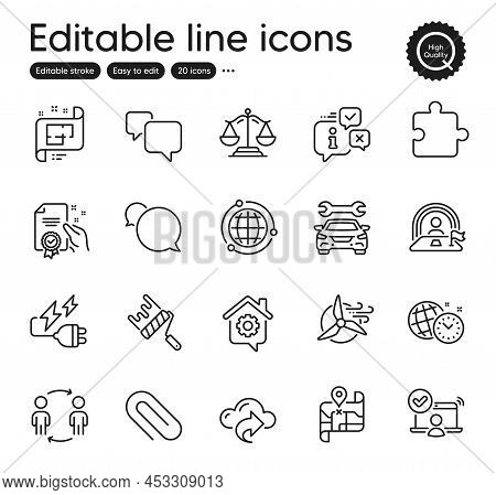 Set Of Education Outline Icons. Contains Icons As Electricity Plug, Speech Bubble And Windmill Turbi
