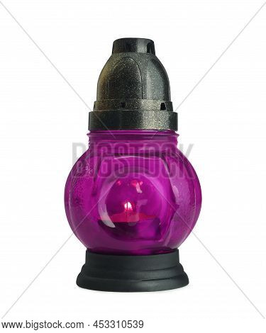 Purple Grave Light With Burning Candle Isolated On White. Symbol Of Remembrance
