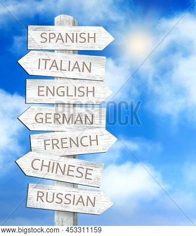 Wooden Signpost With Names Of Different Languages Against Blue Sky