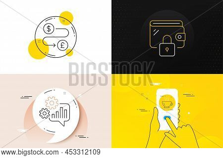Minimal Set Of Cogwheel, Coffee And Money Transfer Line Icons. Phone Screen, Quote Banners. Wallet I
