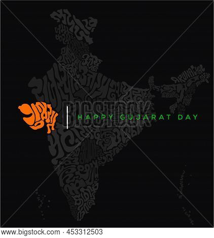 Gujarat Map Lettering In Gujarati With India Map All States Name Typography In Theirs Languages. Hap