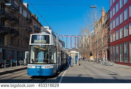 Zurich, Switzerland - March 5th 2022: Public Transport Stop Loewenbraeu With The Modern Tram Flexity