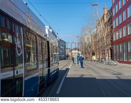 Zurich, Switzerland - March 5th 2022: Public Transport Stop Loewenbraeu With The Modern Tram Flexity