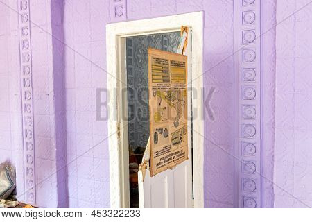 Barmashovo, Ukraine- March 18, 2022: Broken Door In The Half-destroyed School Hall After Russian Inv