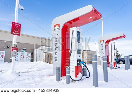 Rocky View County Alberta Canada, April 20 2022: Petro Canada Fast Charge Ev Charging Station For Ca