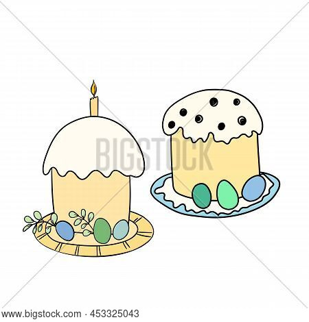 Easter Cake Isolated On White Background. Hand Drawn Happy Easter Symbol. Paschal Cake With Candle O