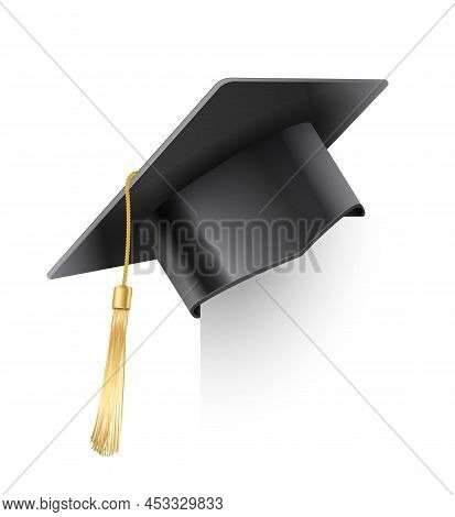 Vector Realistic Mortar Board Hat With Golden Tassel. Graduation Cap. University Graduation Black Ha