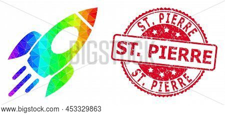 Red Round Corroded St. Pierre Seal And Lowpoly Space Rocket Icon With Spectral Colored Gradient. Tri