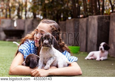 Beautiful Young Girl Having Fun With Her Small French Braque Puppies