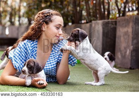 Beautiful Young Girl Having Fun With Her Small French Braque Puppies