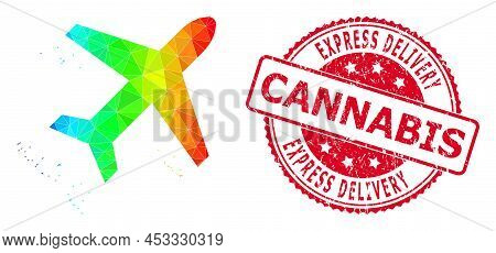 Red Round Unclean Express Delivery Cannabis Seal And Low-poly Flying Air Liner Icon With Spectrum Vi