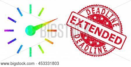 Red Round Unclean Deadline Extended Stamp And Low-poly Clockface Icon With Spectrum Colorful Gradien