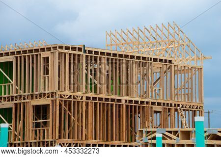 Frame And Rafters Of A House Under Construction Timber Plank Wall Wooden Work Timber Development Sit