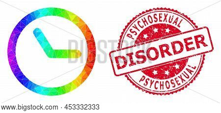 Red Round Unclean Psychosexual Disorder Seal And Low-poly Clock Icon With Rainbow Colorful Gradient.