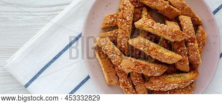 Homemade Italian Cantuccini With Pistachios And Citron On A Plate, Top View. Crispy Pistachio And Ci