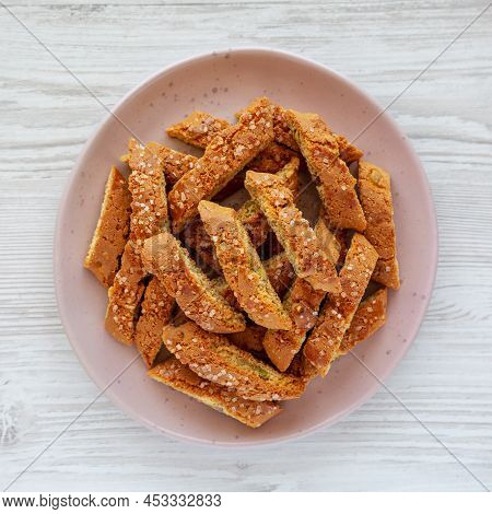 Homemade Italian Cantuccini With Pistachios And Citron On A Plate, Top View. Crispy Pistachio And Ci
