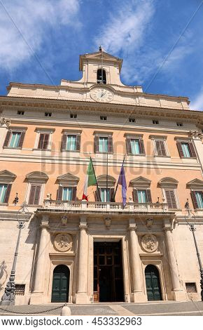 Rome, Rm, Italy - August 18, 2020: Palace Montecitorio Seat Of Italian Parliament Without People