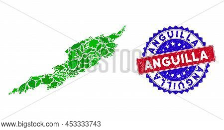 Eco Anguilla Island Map Collage Of Herbal Leaves In Green Color Variations With Grunge Bicolor Angui