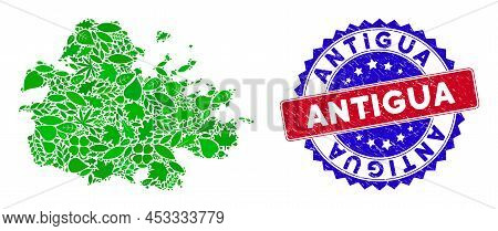 Ecology Antigua Island Map Mosaic Of Herbal Leaves In Green Color Shades And Grunge Bicolor Antigua 