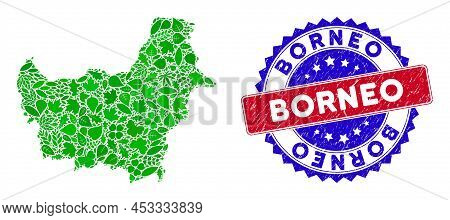 Ecology Borneo Map Collage Of Floral Leaves In Green Color Hues With Grunge Bicolor Borneo Seal Stam