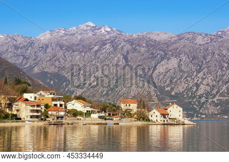 Beautiful Mediterranean Landscape  On Sunny Spring Day. Montenegro, Adriatic Sea. View Of Kotor Bay 
