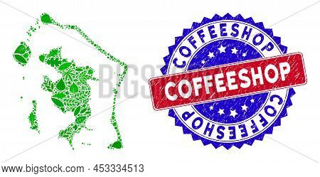 Eco Bora-bora Map Mosaic Of Herbal Leaves In Green Color Hues And Grunge Bicolor Coffeeshop Seal. Re