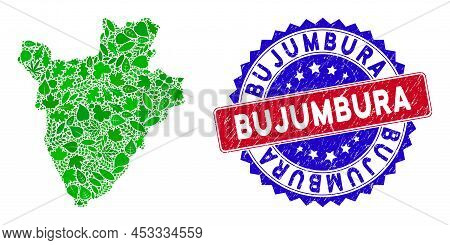 Ecology Burundi Map Collage Of Floral Leaves In Green Color Tinges And Grunge Bicolor Bujumbura Stam