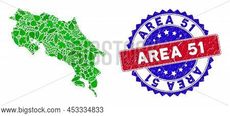 Ecology Costa Rica Map Collage Of Floral Leaves In Green Color Tinges And Grunge Bicolor Area 51 Sea