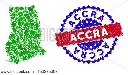 Eco Ghana Map Composition Of Floral Leaves In Green Color Tints With Grunge Bicolor Accra Seal Stamp