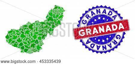 Ecology Granada Province Map Collage Of Floral Leaves In Green Color Tinges With Grunge Bicolor Gran