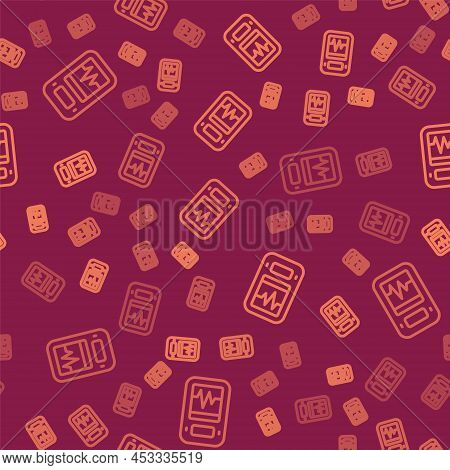 Brown Line Seismograph Icon Isolated Seamless Pattern On Red Background. Earthquake Analog Seismogra