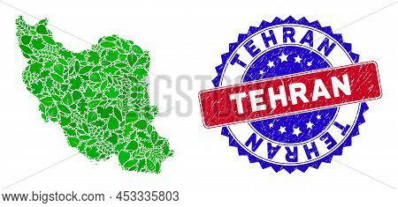 Eco Iran Map Composition Of Herbal Leaves In Green Color Tinges With Grunge Bicolor Tehran Stamp. Re