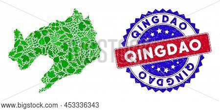 Ecology Liaoning Province Map Collage Of Herbal Leaves In Green Color Tints With Grunge Bicolor Qing