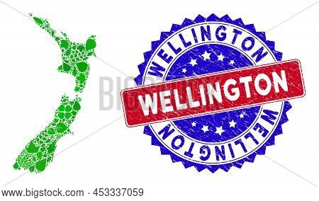 Ecology New Zealand Map Collage Of Plant Leaves In Green Color Hues And Grunge Bicolor Wellington Se