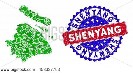 Ecology Shanghai City Map Composition Of Herbal Leaves In Green Color Variations And Grunge Bicolor 