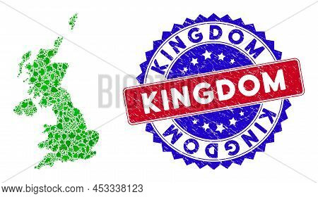 Eco United Kingdom Map Collage Of Herbal Leaves In Green Color Hues And Grunge Bicolor Kingdom Stamp