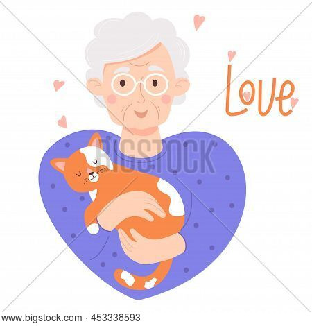 Cute Happy Elderly Woman In Glasses With Sleeping Cat. Vector Illustration. Concept Of Love For Pets