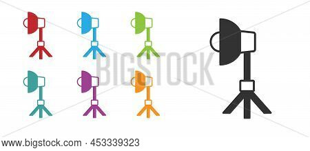 Black Studio Light Bulb In Softbox Icon Isolated On White Background. Shadow Reflection Design. Set 