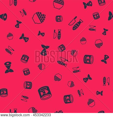 Set Canned Fish, Caviar, Fish Tail And With Sliced Pieces On Seamless Pattern. Vector