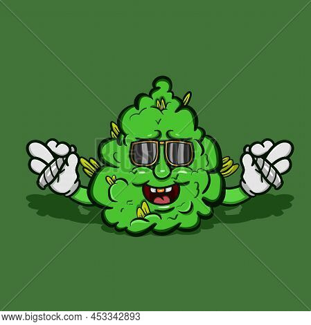 Mascot Of Weed Cartoon With Smoking. Vector Clip Art. Vector And Illustration