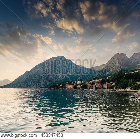 Sunset, Beautiful Landscape With Silhouettes Of Trees. Travel Concept. Montenegro, Kotor Bay. Sunset