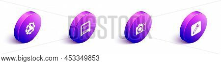 Set Isometric Gear Wheels And Earth, Seismograph, Photo Camera And Wrench Spanner Icon. Vector