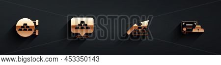 Set Jewelry Store, Gold Bars, Growth Arrow With Gold And Certificate Icon With Long Shadow. Vector