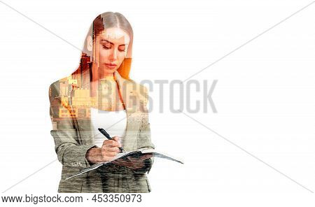 Businesswoman In Beige Suit, Writing In Business Planner With Pen In Hand, Double Exposure, New York