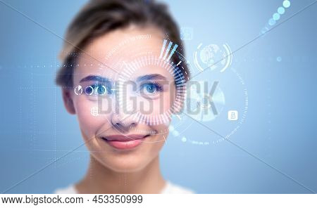 Beautiful Woman And Eye With Digital Biometric Verification. Face Detection And Scanner. Concept Of 